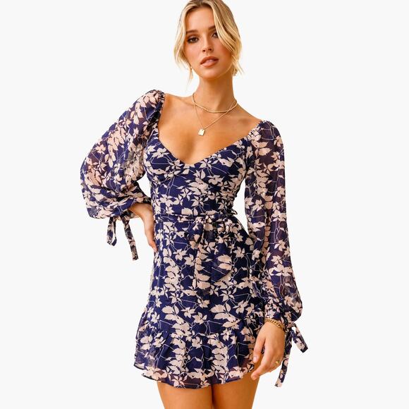 NWT PETAL + PUP Floral Puff Sleeve Ruffle Hem Mini Dress (Navy/Beige | Size 4) - Picture 2 of 11